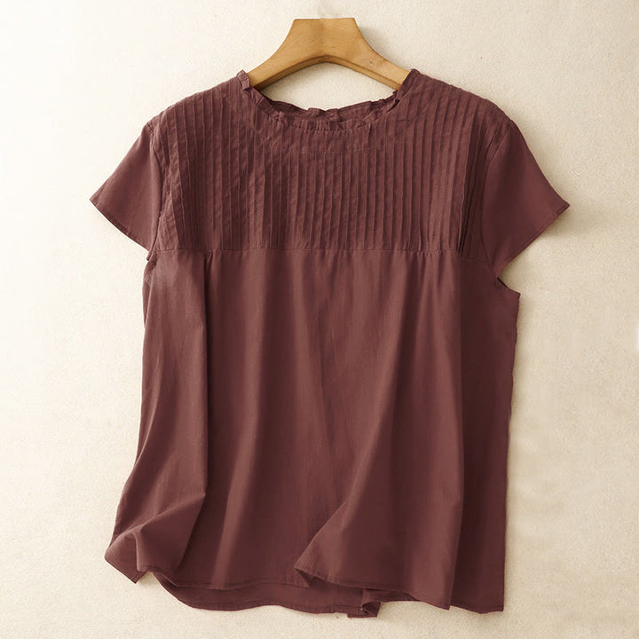 Chemise à manches courtes en coton pour femme, motif Buddha Stones , couleur pure, à volants et plissés - Rouge foncé - US12，UK/AU16，EU44 (2XL) - image 15