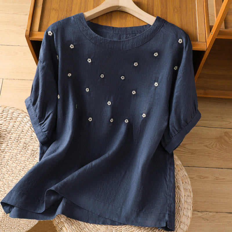 T-shirt en coton à manches courtes et broderie florale Buddha Stones pour femme - Bleu nuit - US14，UK/AU18，EU46 (2XL) - image 1