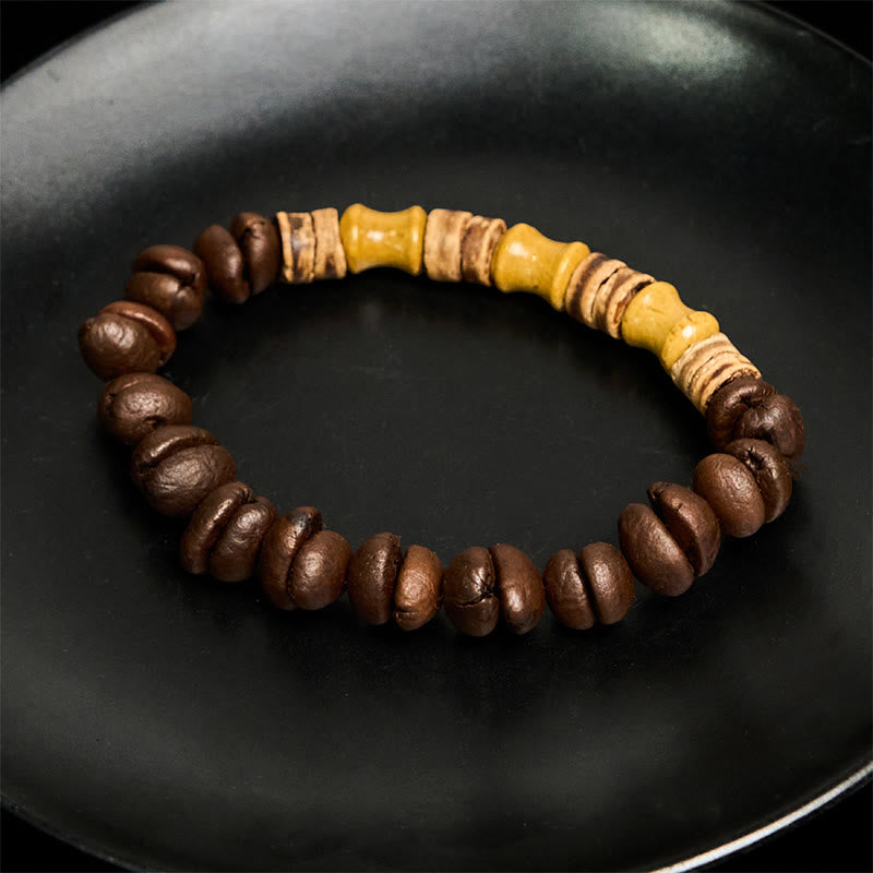 Bracelet positif en jade et bambou , Buddha Stones, grains de café naturels faits à la main, coquille de noix de coco - image 4