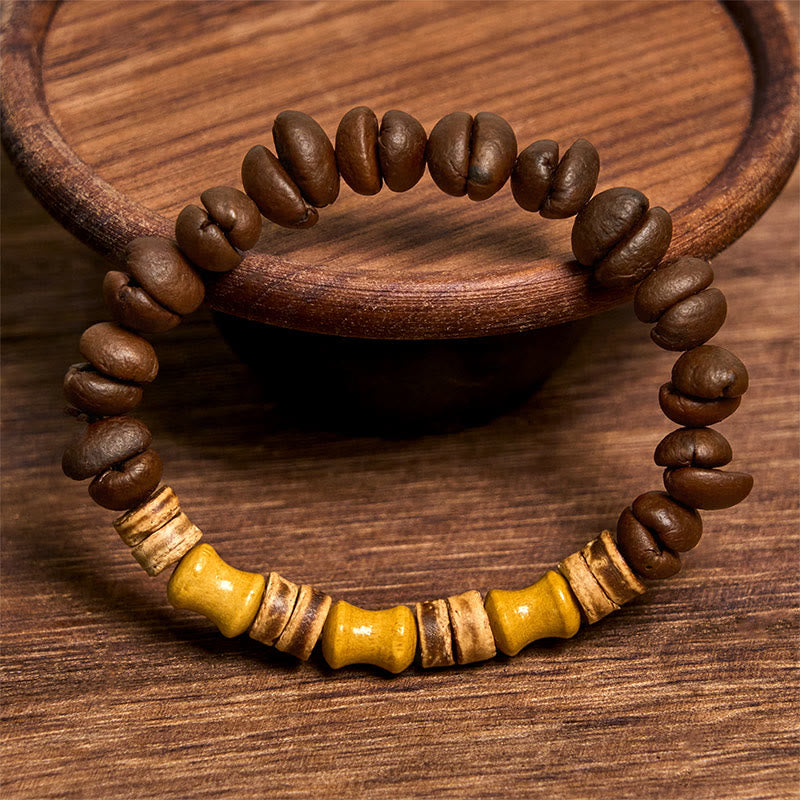 Bracelet positif en jade et bambou , Buddha Stones, grains de café naturels faits à la main, coquille de noix de coco - image 2