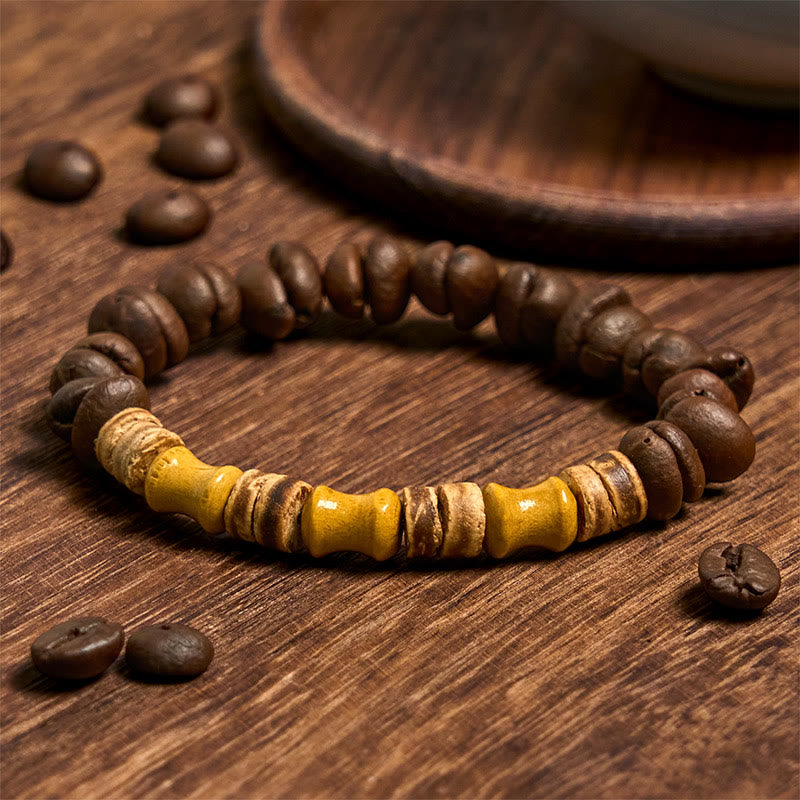 Bracelet positif en jade et bambou , Buddha Stones, grains de café naturels faits à la main, coquille de noix de coco - Grains de café (tour de poignet 14-17 cm) - image 1
