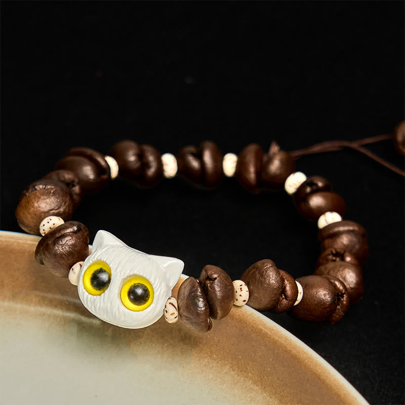 Bracelet de paix en forme de griffe et de patte de chat en grains de café naturels faits à la main avec des Buddha Stones - Tête de chat blanc (tour de poignet 14-17 cm) - image 8
