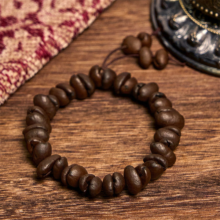 Bracelet en grains de café naturels faits main avec Buddha Stones - Breloque en grains de café (tour de poignet 14-17 cm) - image 1