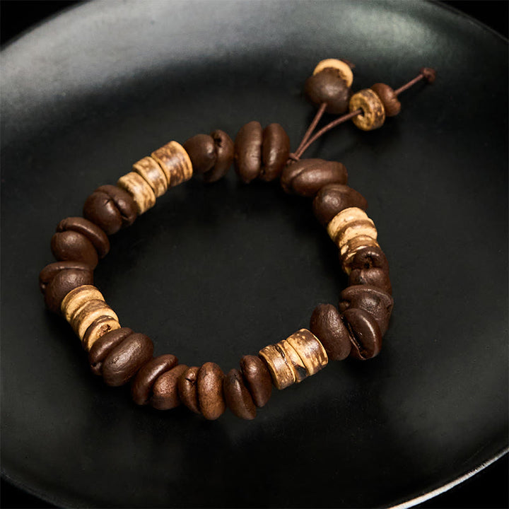 Bracelet porte-bonheur en grains de café naturels faits à la main en Buddha Stones et coquille de noix de coco - image 9