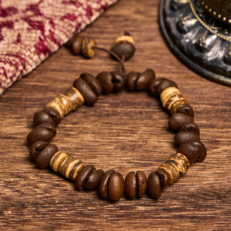 Bracelet porte-bonheur en grains de café naturels faits à la main en Buddha Stones et coquille de noix de coco - Grains de café (tour de poignet 14-17 cm) - image 6