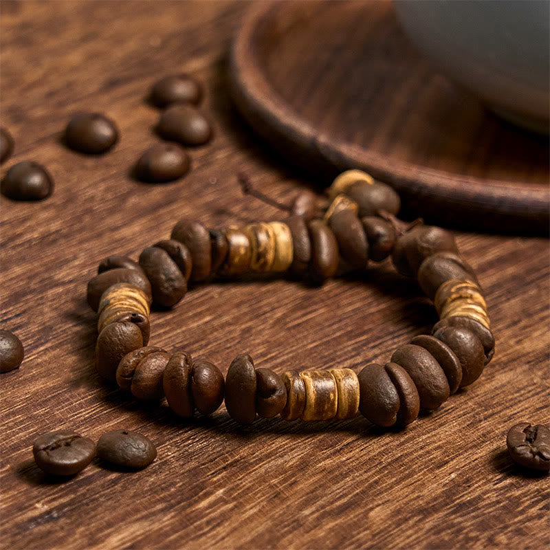 Bracelet porte-bonheur en grains de café naturels faits à la main en Buddha Stones et coquille de noix de coco - image 7