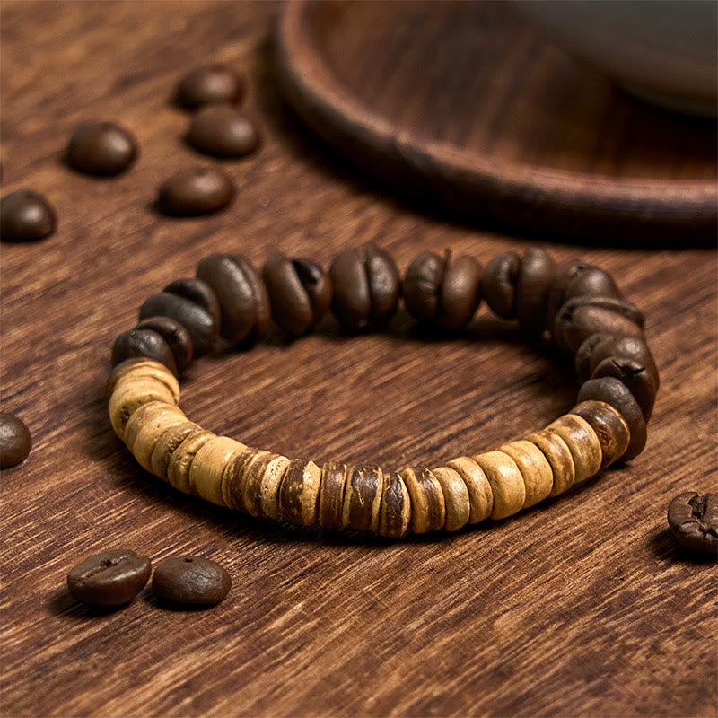 Bracelet porte-bonheur en grains de café naturels faits à la main en Buddha Stones et coquille de noix de coco - Grains de café et coque de noix de coco (tour de poignet 14-17 cm) - image 1