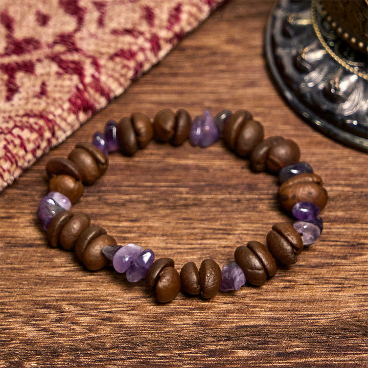Bracelet en Buddha Stones fait à la main en grains de café naturels, améthyste, citrine, amazonite, cristal irrégulier - Grains de café améthyste (tour de poignet 14-17 cm) - image 1