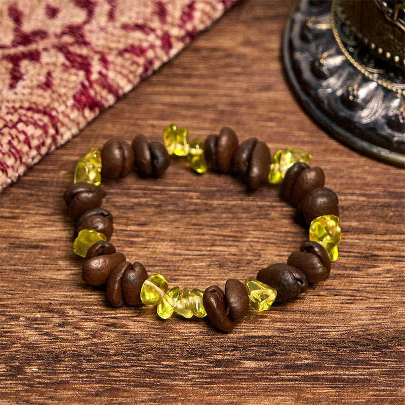 Bracelet en Buddha Stones fait à la main en grains de café naturels, améthyste, citrine, amazonite, cristal irrégulier - Grains de café péridot (tour de poignet 14-17 cm) - image 36