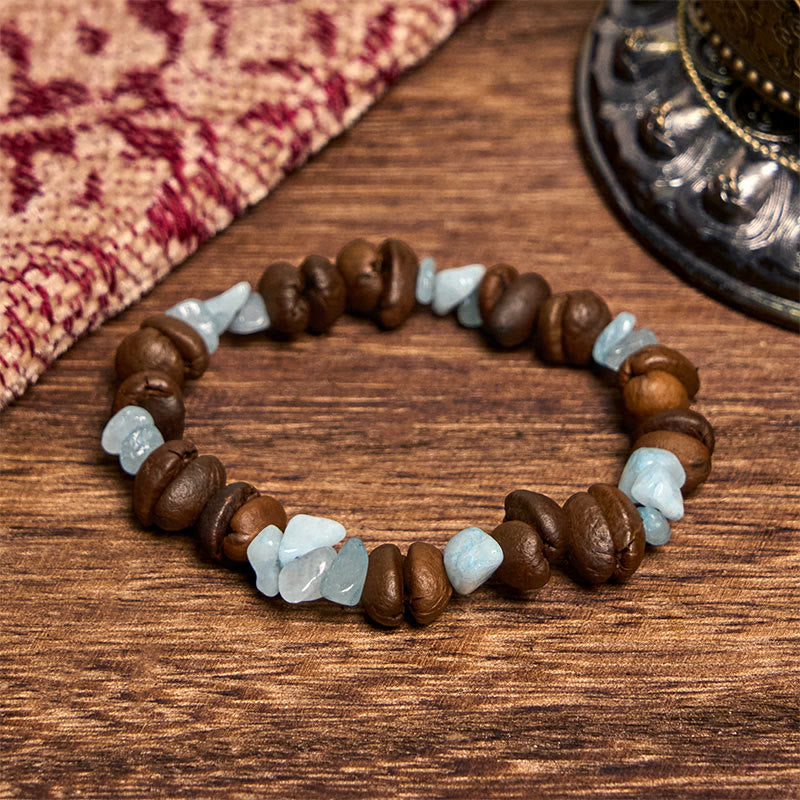 Bracelet en Buddha Stones fait à la main en grains de café naturels, améthyste, citrine, amazonite, cristal irrégulier - Grains de café aigue-marine (tour de poignet 14-17 cm) - image 21