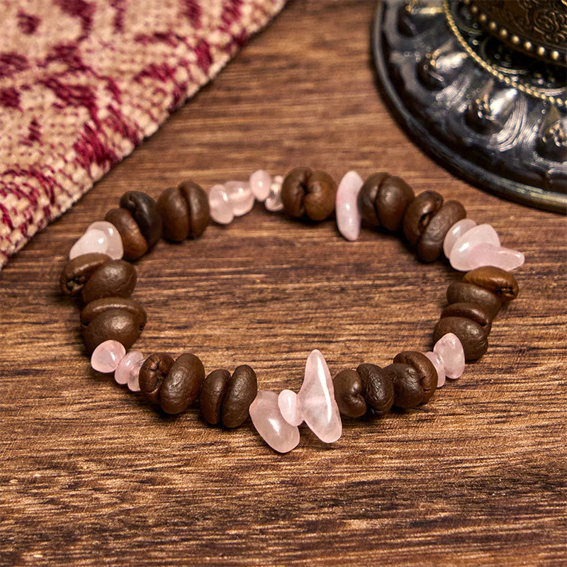 Bracelet en Buddha Stones fait à la main en grains de café naturels, améthyste, citrine, amazonite, cristal irrégulier - Grains de café Strawberry Quartz (tour de poignet 14-17 cm) - image 31