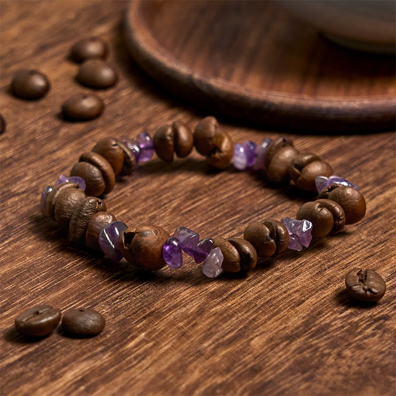 Bracelet en Buddha Stones fait à la main en grains de café naturels, améthyste, citrine, amazonite, cristal irrégulier - image 2