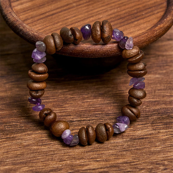 Bracelet en Buddha Stones fait à la main en grains de café naturels, améthyste, citrine, amazonite, cristal irrégulier - image 3