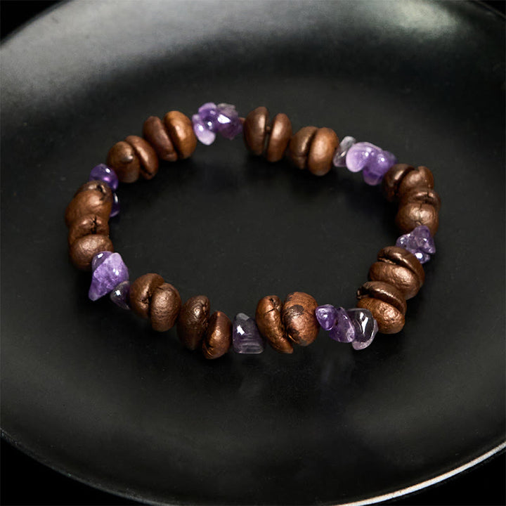 Bracelet en Buddha Stones fait à la main en grains de café naturels, améthyste, citrine, amazonite, cristal irrégulier - image 4