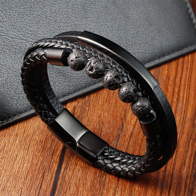 Bracelet en cuir et acier titane avec Buddha Stones et boucle renforcée en pierre de lave - Noir (Périmètre : 21 cm) - image 1
