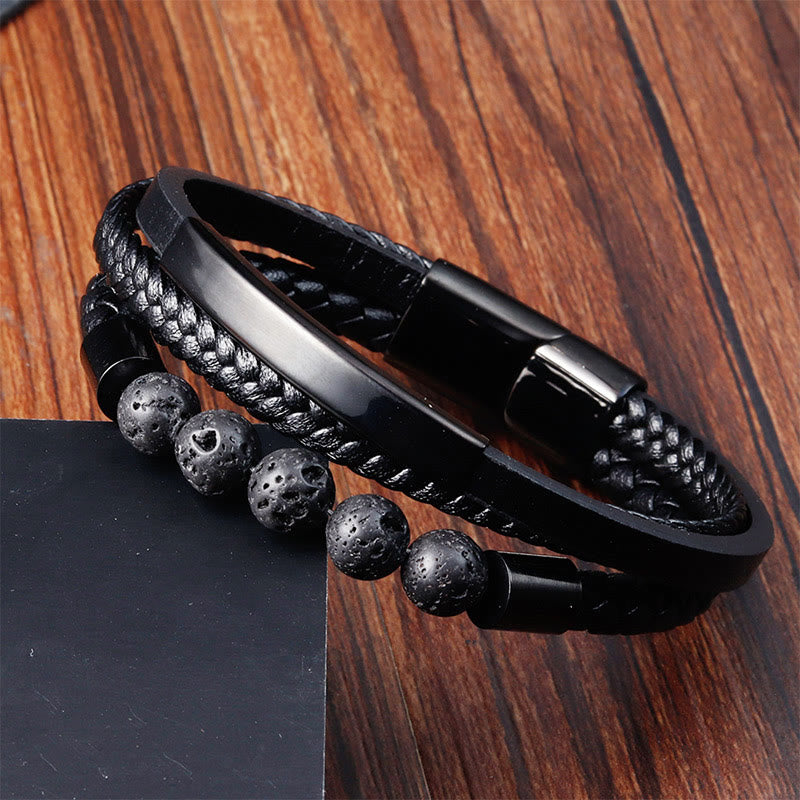 Bracelet en cuir et acier titane avec Buddha Stones et boucle renforcée en pierre de lave - image 2