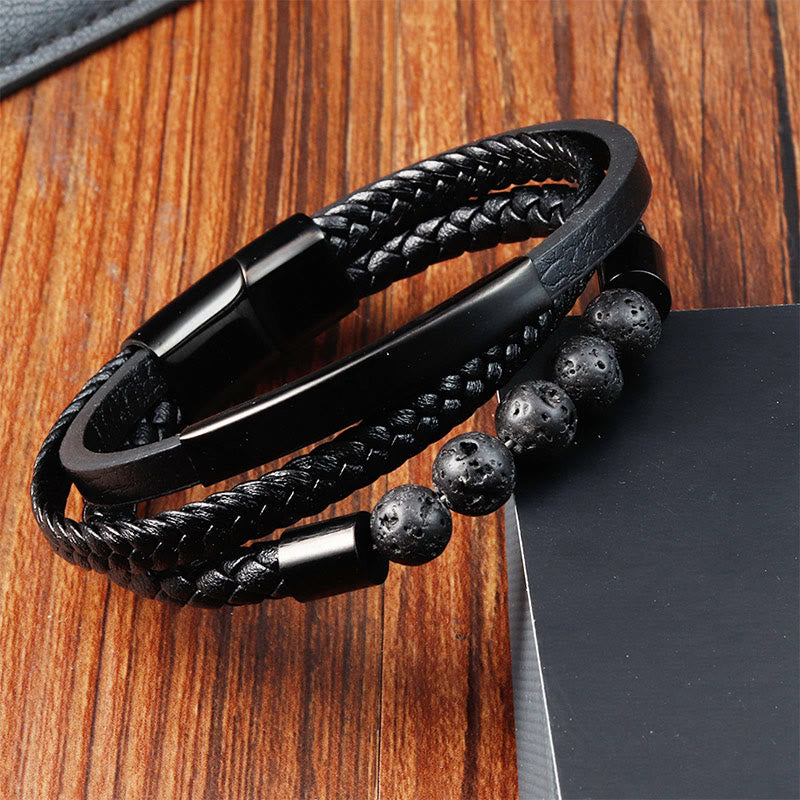 Bracelet en cuir et acier titane avec Buddha Stones et boucle renforcée en pierre de lave - image 3