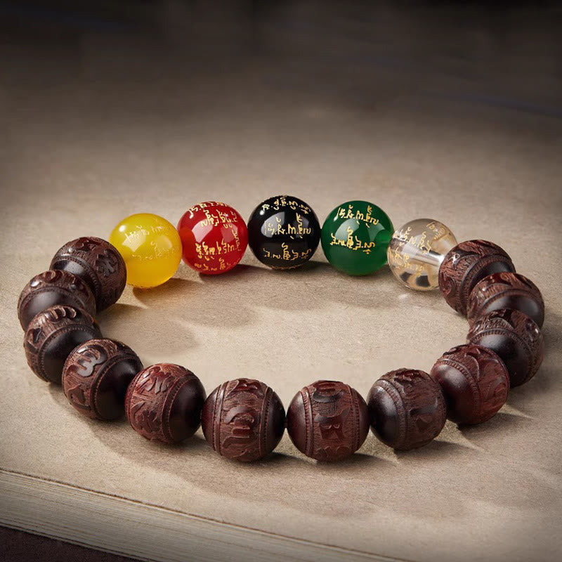 Bracelet Buddha Stones Petite Feuille Bois de Santal Rouge Cinq Directions Dieux de la Richesse Calme - image 2