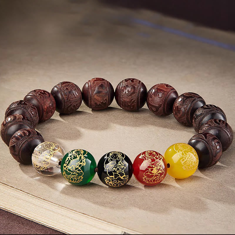 Bracelet Buddha Stones Petite Feuille Bois de Santal Rouge Cinq Directions Dieux de la Richesse Calme - 12 mm - image 1