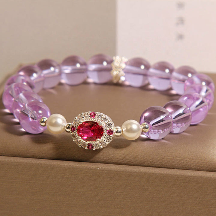 Bracelet d'équilibre en Buddha Stones, améthyste naturelle, perle et zircon rouge - image 2