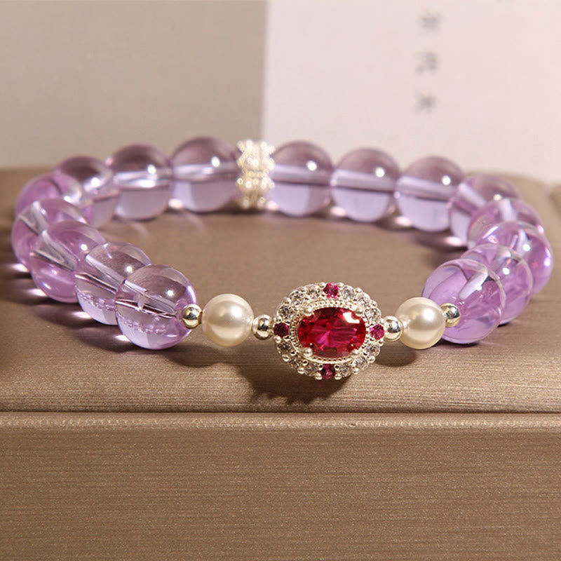 Bracelet d'équilibre en Buddha Stones, améthyste naturelle, perle et zircon rouge - image 3