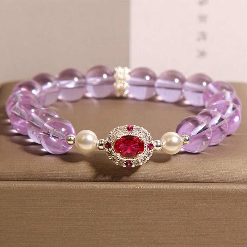 Bracelet d'équilibre en Buddha Stones, améthyste naturelle, perle et zircon rouge - Améthyste (tour de poignet : 15-19 cm) - image 1