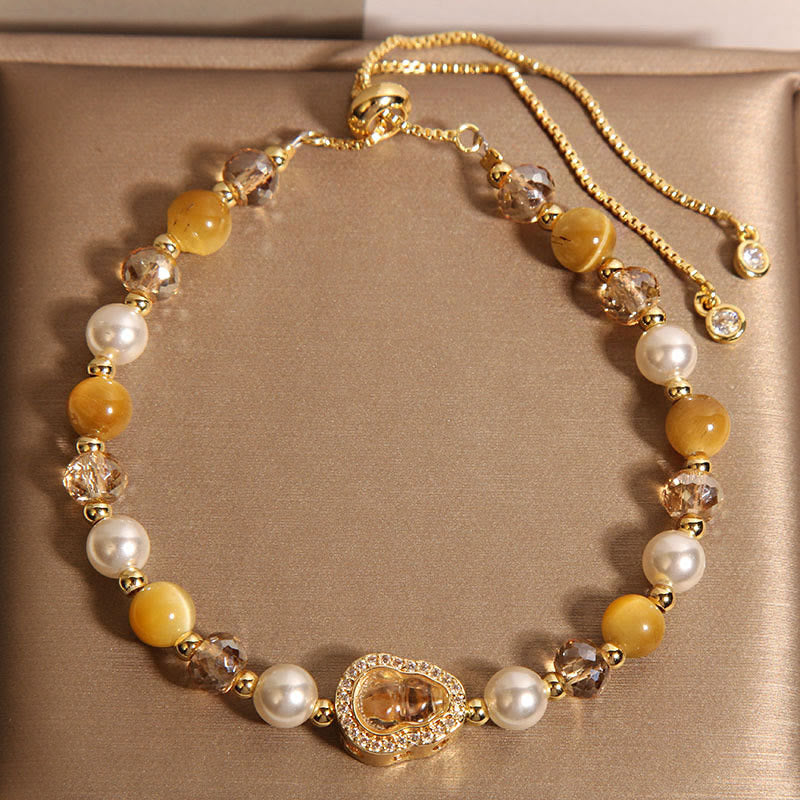 Bracelet de prospérité en pierre œil de chat jaune et perle de calebasse - Œil de chat jaune et perle (tour de poignet : 14-18 cm) - image 1