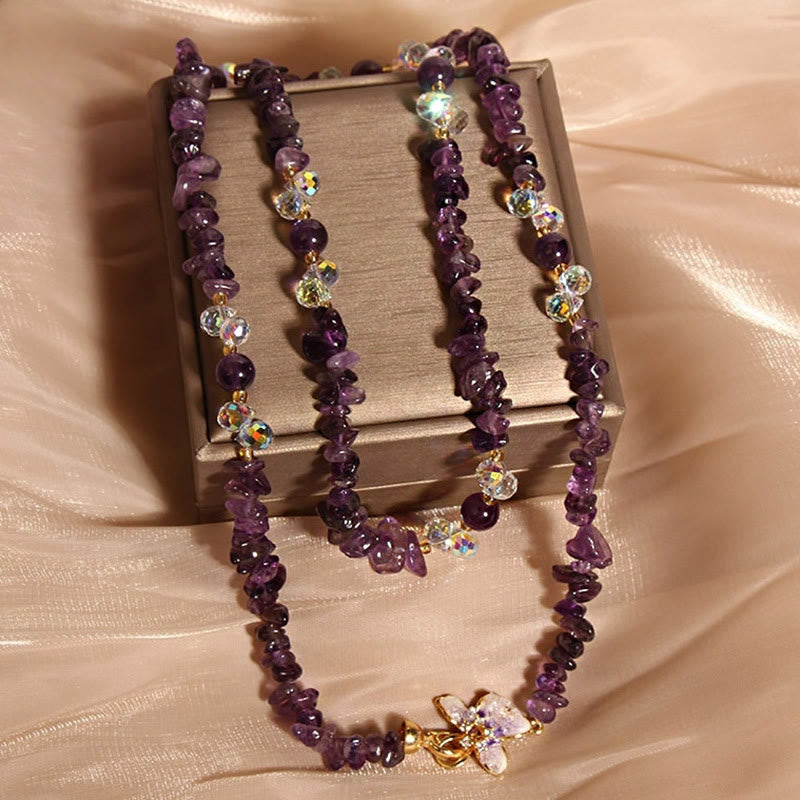 Collier pendentif équilibre en Buddha Stones, papillon, fleur, améthyste, quartz fraise - image 2