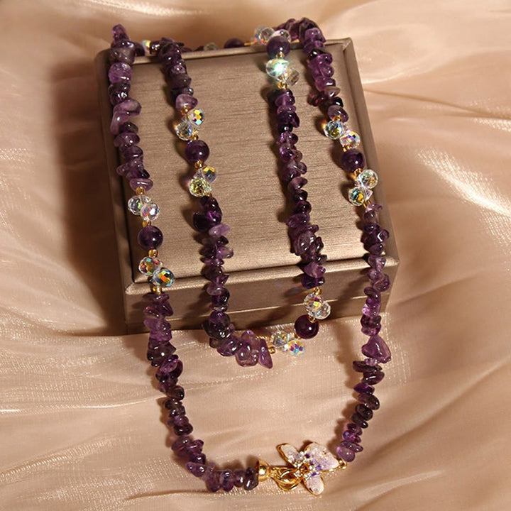 Collier pendentif équilibre en Buddha Stones, papillon, fleur, améthyste, quartz fraise - image 2