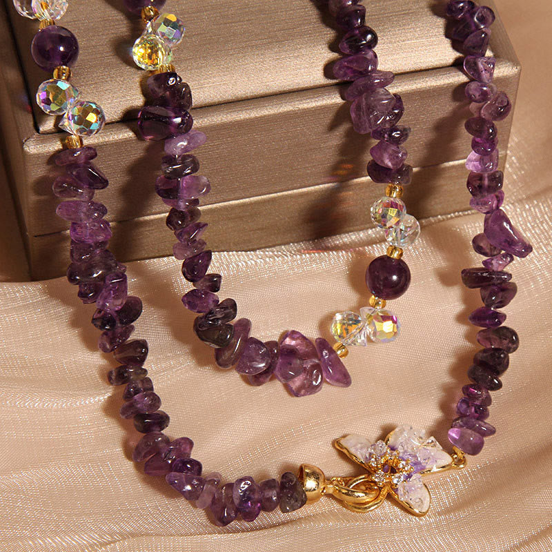 Collier pendentif équilibre en Buddha Stones, papillon, fleur, améthyste, quartz fraise - image 5