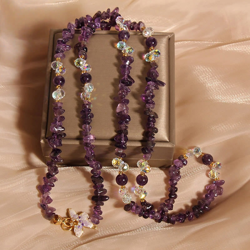 Collier pendentif équilibre en Buddha Stones, papillon, fleur, améthyste, quartz fraise - Améthyste - image 1
