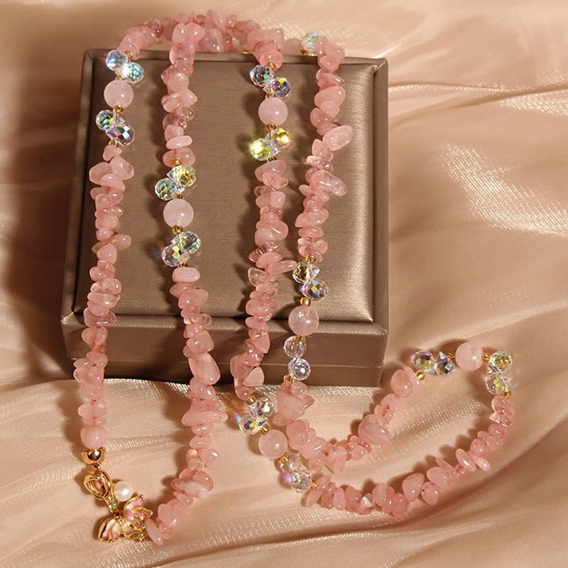 Collier pendentif équilibre en Buddha Stones, papillon, fleur, améthyste, quartz fraise - Cristal rose - image 9