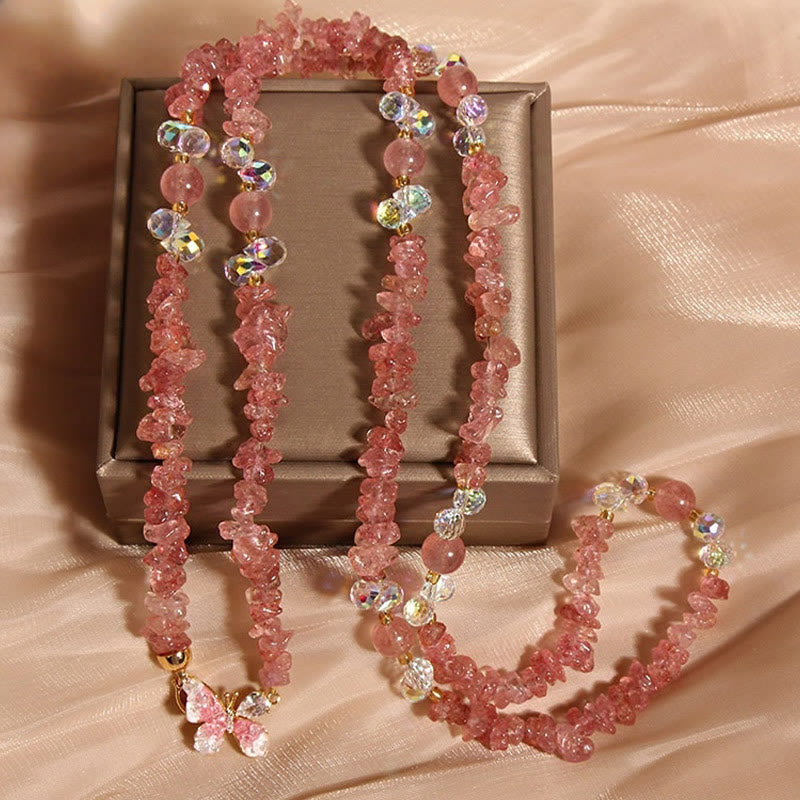 Collier pendentif équilibre en Buddha Stones, papillon, fleur, améthyste, quartz fraise - Quartz fraise - image 7