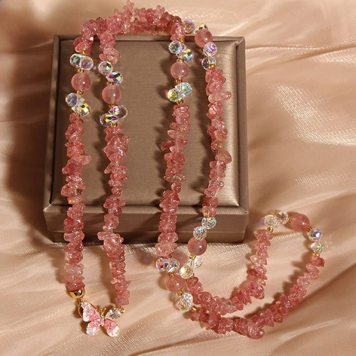 Collier pendentif équilibre en Buddha Stones, papillon, fleur, améthyste, quartz fraise - Quartz fraise - image 7