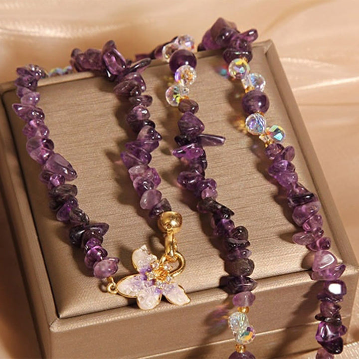 Collier pendentif équilibre en Buddha Stones, papillon, fleur, améthyste, quartz fraise - image 3