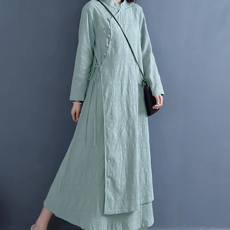 Robe mi-longue décontractée en coton et lin à lacets sur les côtés, style printemps, style décontracté, avec boutons grenouille et imprimé Buddha Stones - image 9