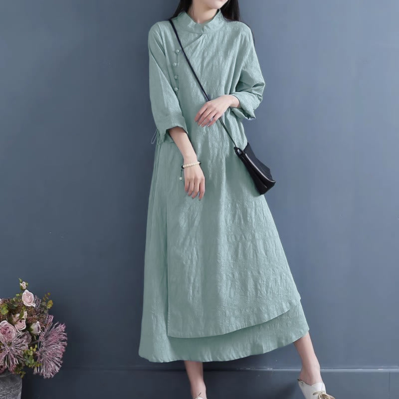 Robe mi-longue décontractée en coton et lin à lacets sur les côtés, style printemps, style décontracté, avec boutons grenouille et imprimé Buddha Stones - image 8