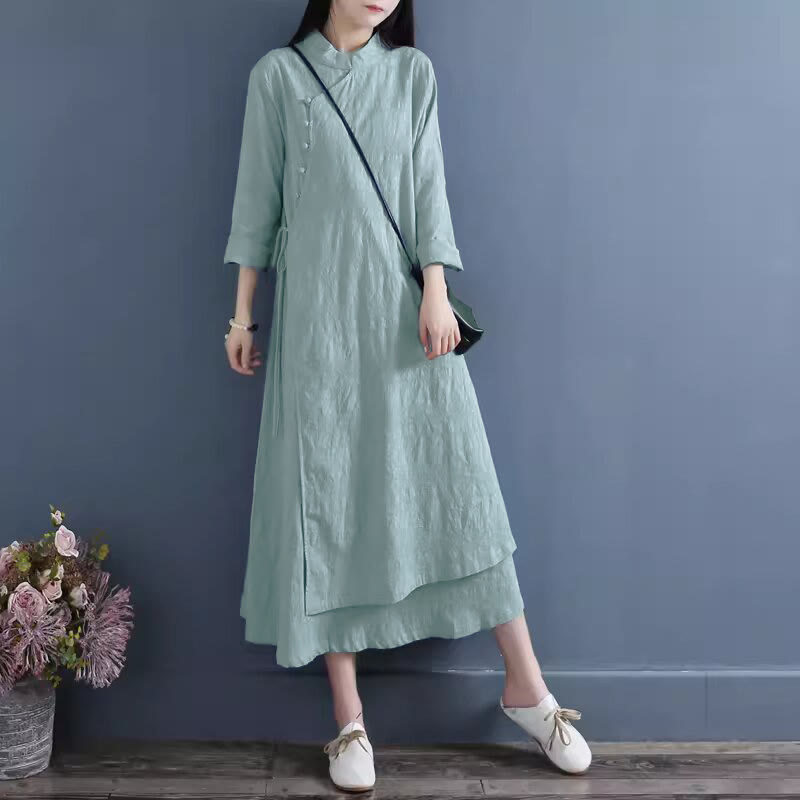Robe mi-longue décontractée en coton et lin à lacets sur les côtés, style printemps, style décontracté, avec boutons grenouille et imprimé Buddha Stones - Bleuet - US8-10，UK/AU12-14，EU40-42 (2XL) - image 7