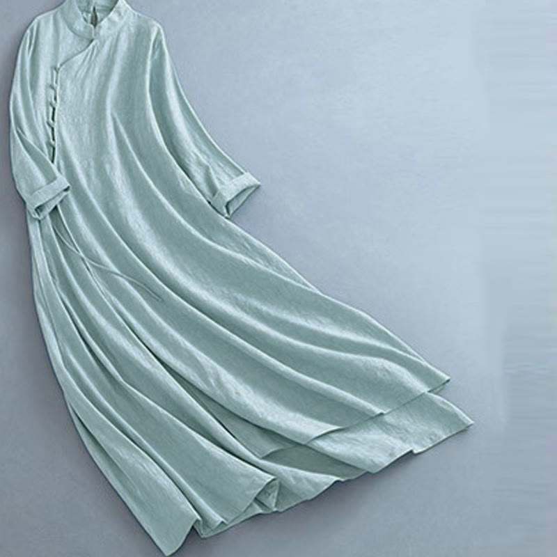 Robe mi-longue décontractée en coton et lin à lacets sur les côtés, style printemps, style décontracté, avec boutons grenouille et imprimé Buddha Stones - image 13