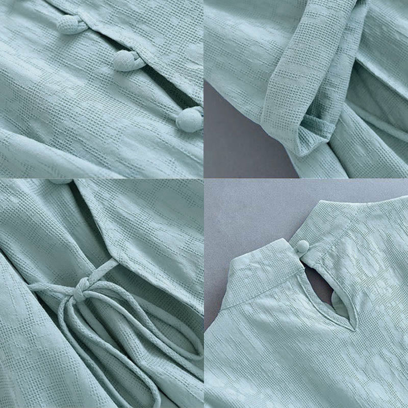 Robe mi-longue décontractée en coton et lin à lacets sur les côtés, style printemps, style décontracté, avec boutons grenouille et imprimé Buddha Stones - image 12