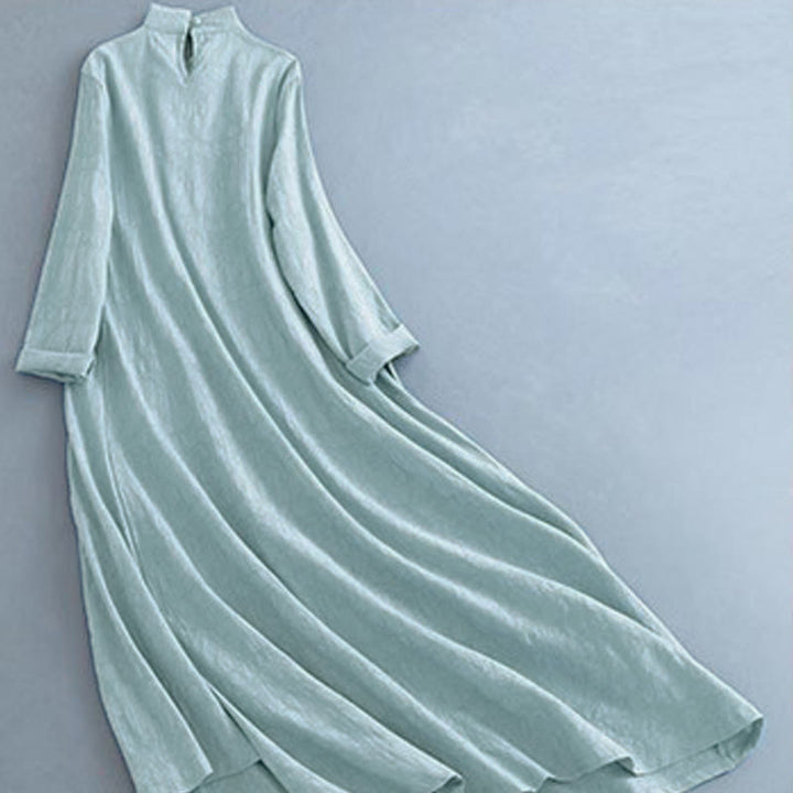 Robe mi-longue décontractée en coton et lin à lacets sur les côtés, style printemps, style décontracté, avec boutons grenouille et imprimé Buddha Stones - image 14