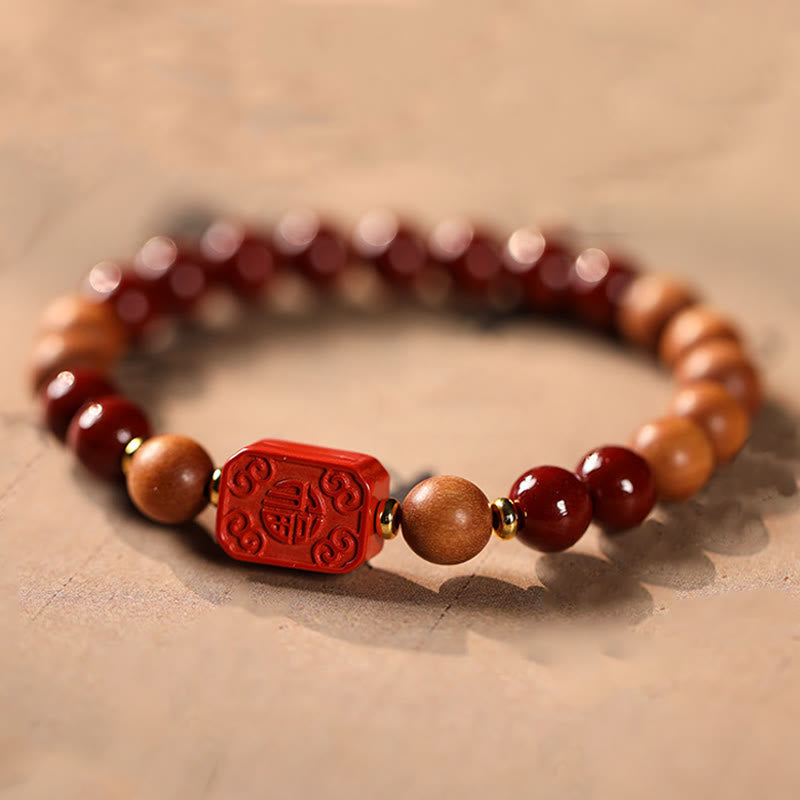 Bracelet de bénédiction en perles de bois de cinabre et Buddha Stones , personnage de Lotus Fu - Personnage Cinabre et Fu (tour de poignet : 15-16 cm) - image 8