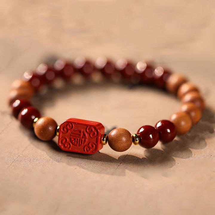 Bracelet de bénédiction en perles de bois de cinabre et Buddha Stones , personnage de Lotus Fu - Personnage Cinabre et Fu (tour de poignet : 15-16 cm) - image 8