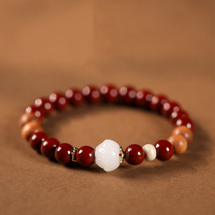 Bracelet de bénédiction en perles de bois de cinabre et Buddha Stones , personnage de Lotus Fu - Cinabre et Lotus (circonférence du poignet : 15-16 cm) - image 1