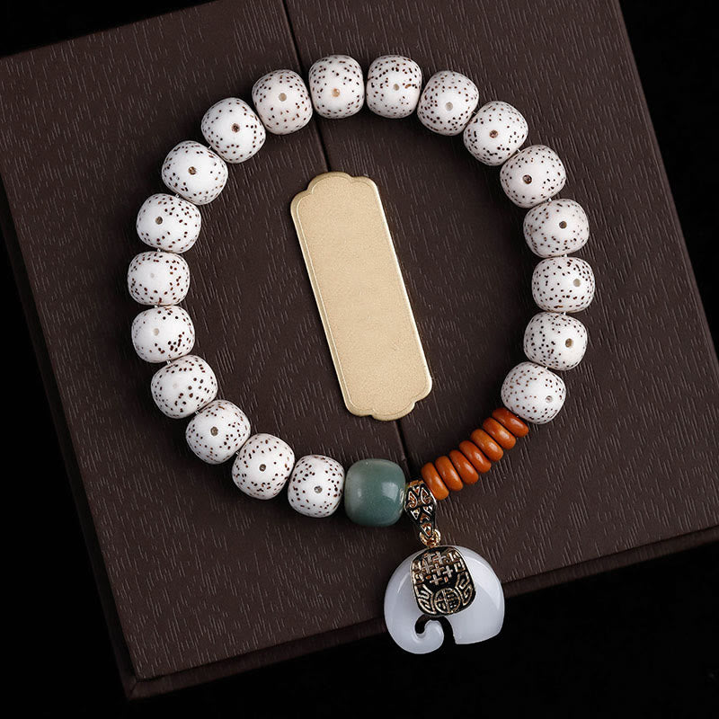 Bracelet de paix intérieure en Buddha Stones polies à la main, motif étoile, lune, graine de Bodhi, éléphant - Graine de Bodhi de Lune Étoile Blanche et Éléphant Blanc (Circonférence du poignet : 14-16 cm) - image 1