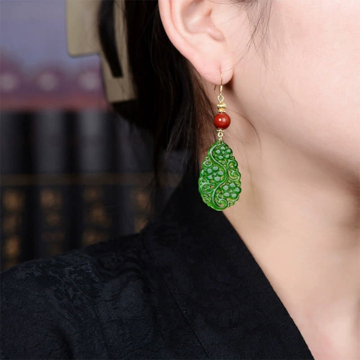 Boucles d'oreilles porte-bonheur en argent sterling 925, Buddha Stones , forme creuse, jade, agate rouge - image 3