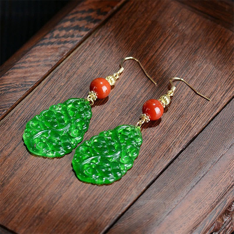 Boucles d'oreilles porte-bonheur en argent sterling 925, Buddha Stones , forme creuse, jade, agate rouge - Tiges en jade, agate rouge et argent - image 2