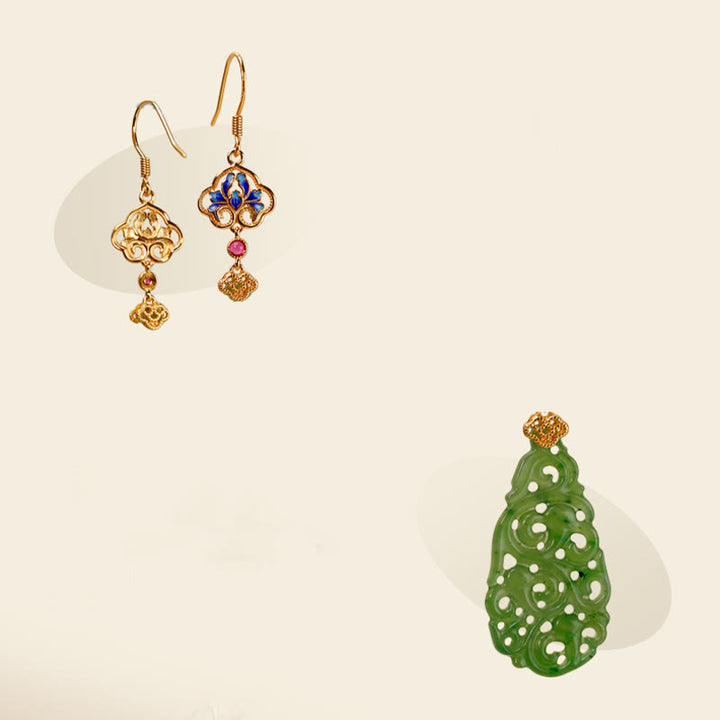 Boucles d'oreilles en argent sterling 925 émaillé et jade Hetian creux avec Buddha Stones - image 14