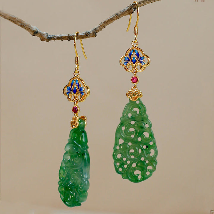 Boucles d'oreilles en argent sterling 925 émaillé et jade Hetian creux avec Buddha Stones - image 3