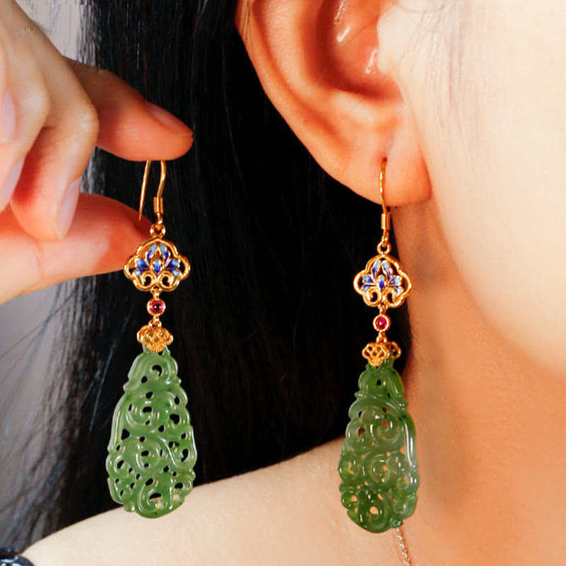 Boucles d'oreilles en argent sterling 925 émaillé et jade Hetian creux avec Buddha Stones - image 6